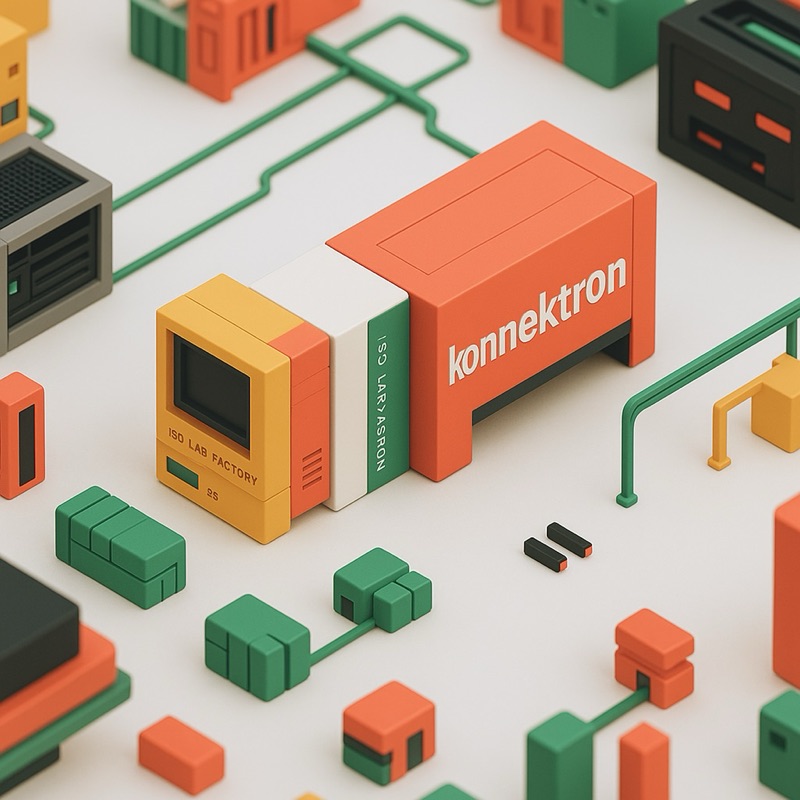 Isometric illustration of a Konnektron lab factory — data pipeline components rendered as connected physical modules.
