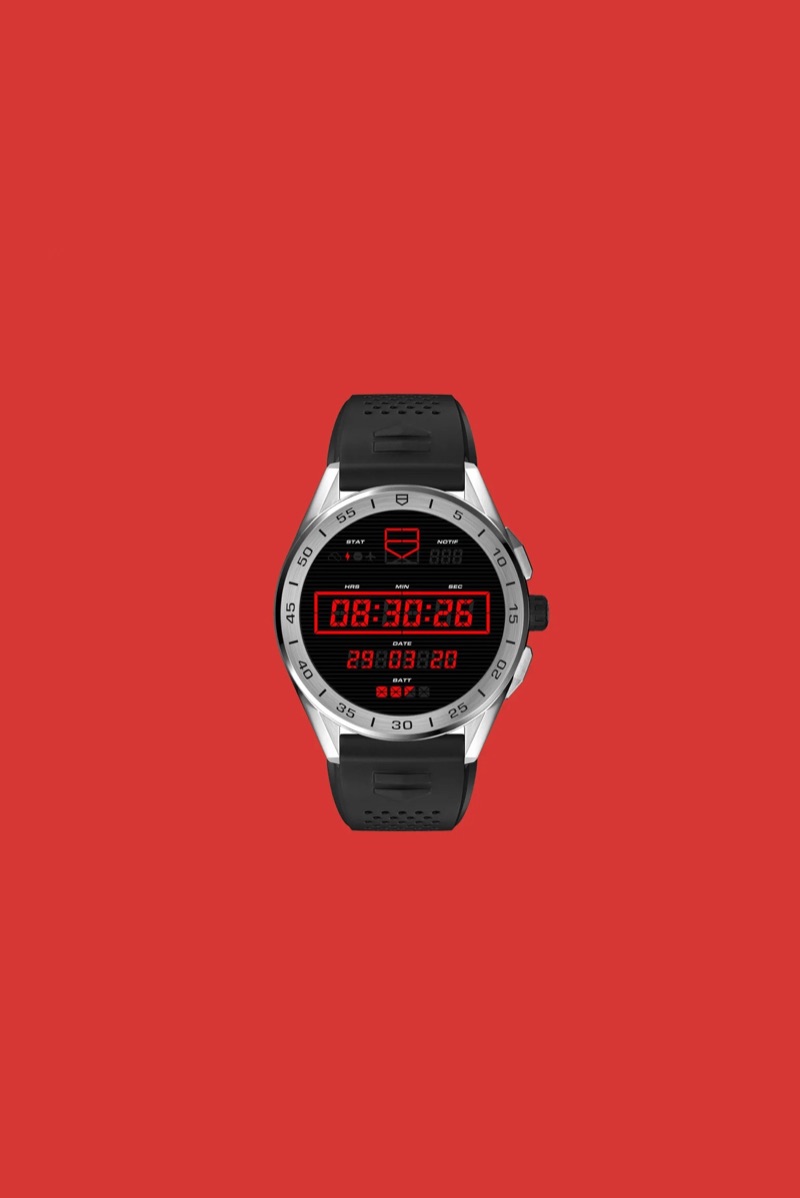 TAG Heuer Connected smartwatch, front view, studio product shot on red — Jason Hargrove was on the team that designed and shipped this watch.